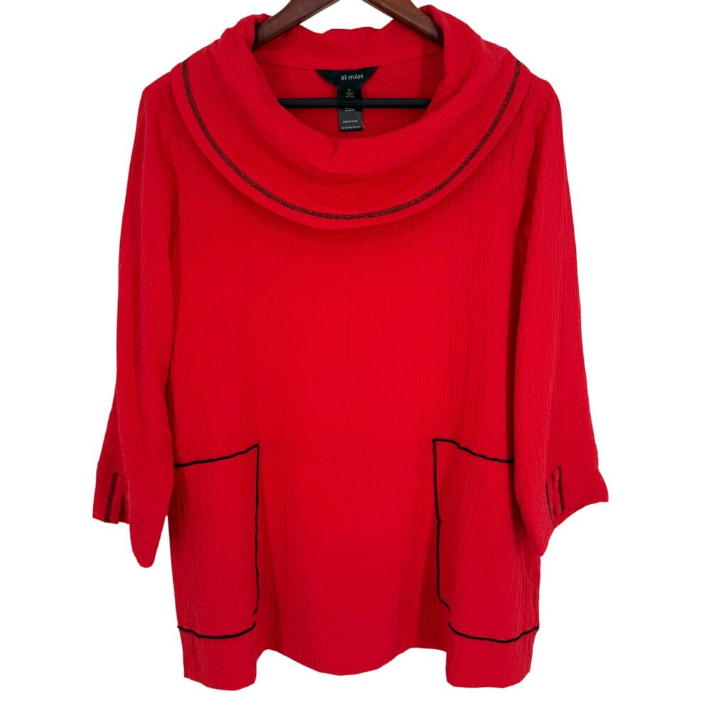 NEW NWOT Ail Miles Sz Medium Vibrant Red Christmas Blouse Shirt Top Wearable Art